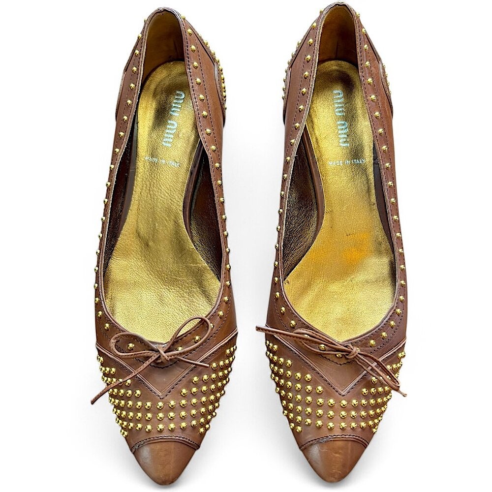 Miu Miu Sz 37 Vintage Y2K Rare Gold Studded Leather Flat